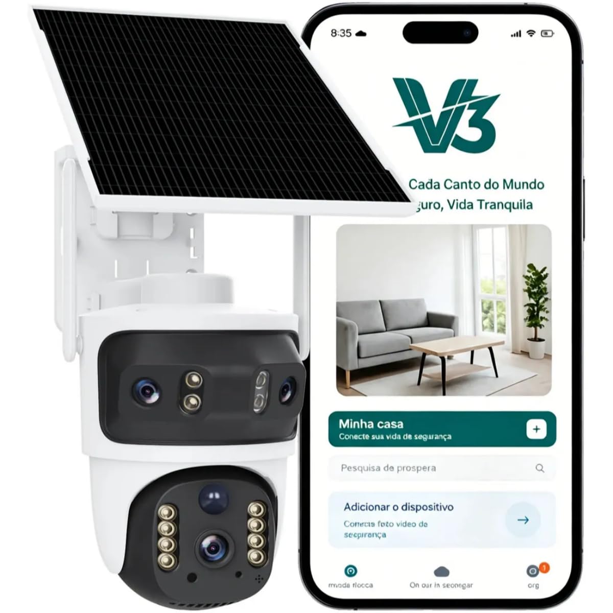 Câmera de Segurança 4G Solar 6MP Ultra HD 360° Sem Wi-Fi IP65 V3 | Monitoramento 4G sem Wi-Fi, energia solar, visão 360°, 6MP Ultra HD, IP65 e áudio bidirecional para áreas externas