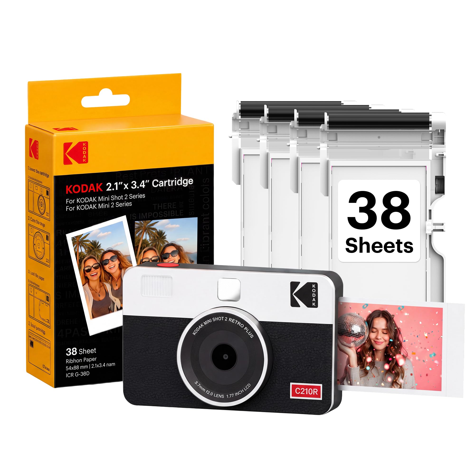 Kodak Mini Shot 2 Retro - Câmera Instantânea e Impressora Fotográfica 2 em 1 (60 folhas), foto 5,3 x 8,6cm, compatível iOS e Android, Bluetooth, 4PASS alta definição e acabamento laminado - Branca