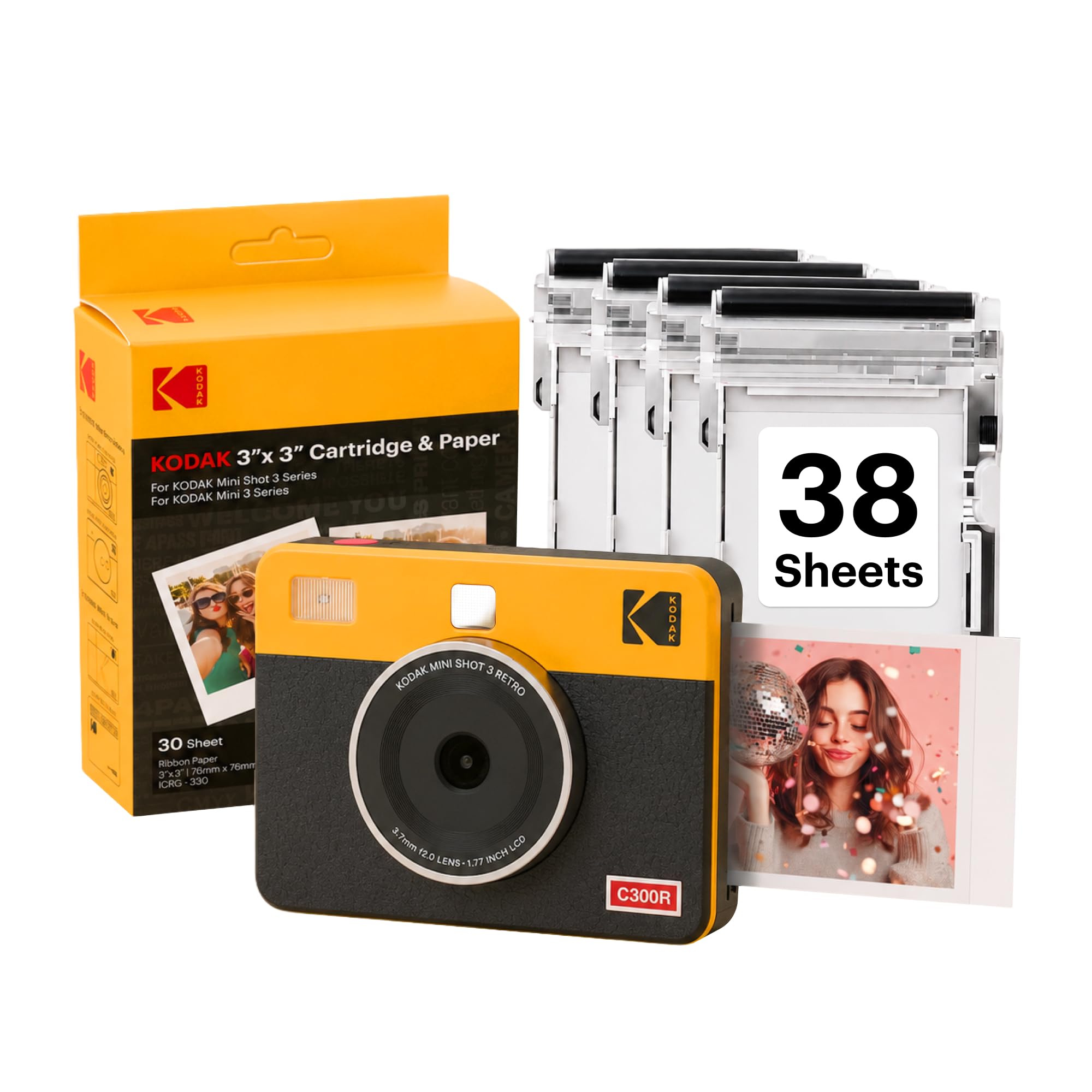 Kodak Mini Shot 3 Retro - Câmera Instantânea e Impressora Fotográfica 2 em 1 (60 folhas), foto 7,6 x 7,6 cm, compatível iOS e Android, Bluetooth,4PASS alta definição e acabamento laminado – Amarela
