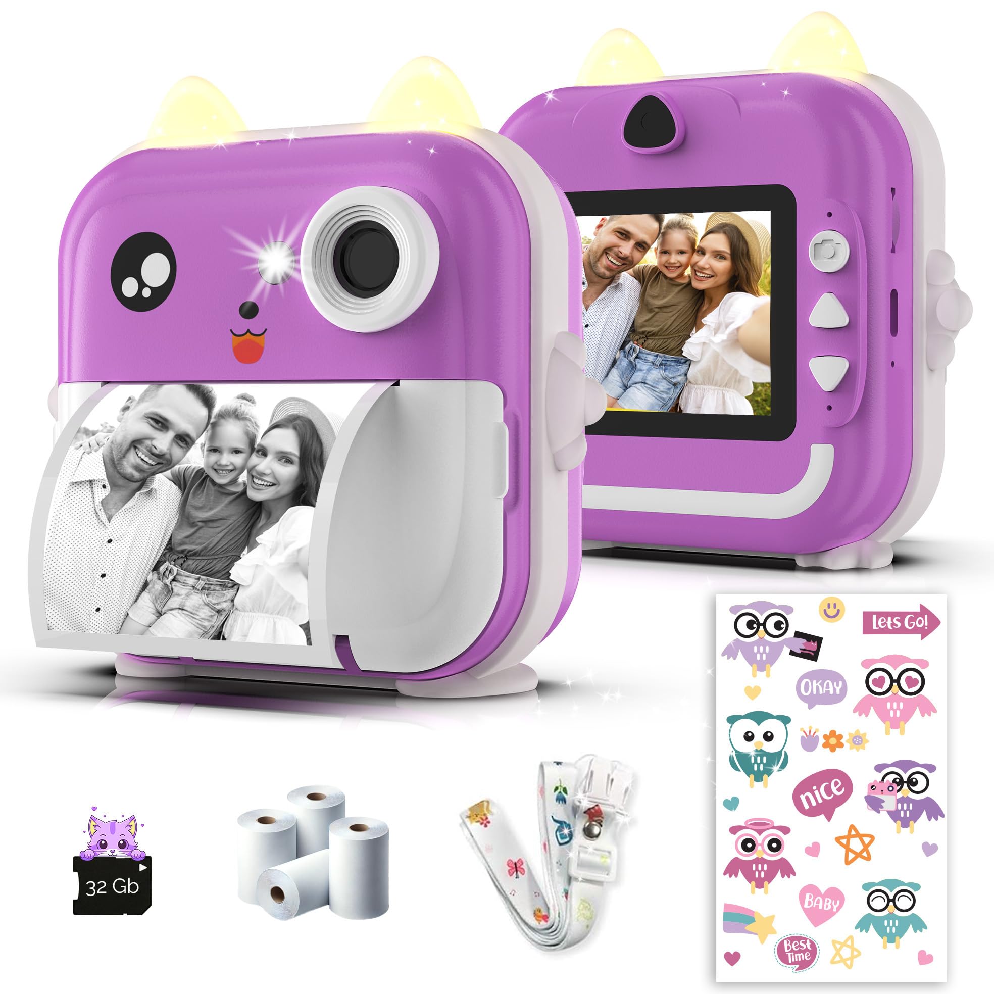 Câmera de impressão instantânea para crianças - HD 1080p, 48MP, cartão 32G, Bluetooth, aplicativo gratuito, 4 rolos de papel de impressão, adesivos, filtros divertidos, presente para meninos e meninas
