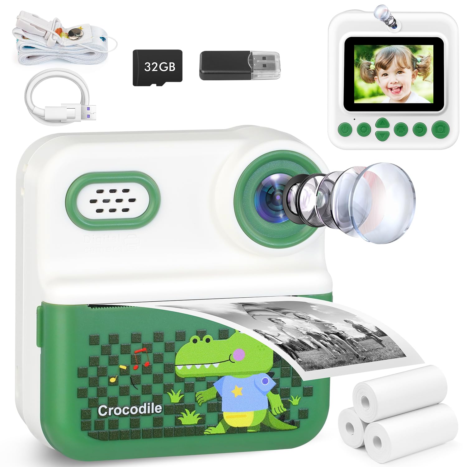 Câmera infantil com impressão instantânea com cartão de 32 GB, vídeo 1080p, tela de 2,4 polegadas, selfie dupla frontal traseira, presente de aniversário de Natal perfeito, câmera portátil de