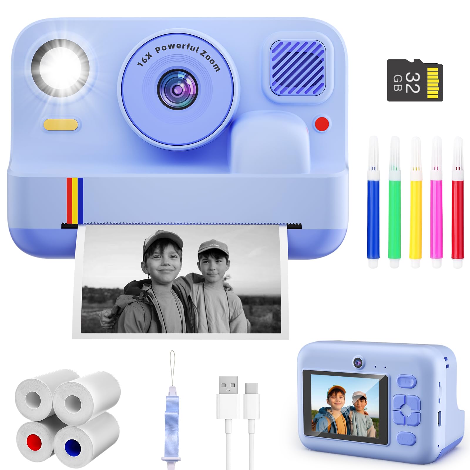 Câmera de impressão instantânea para crianças, impressão de aplicativos, vídeo 1080p, câmera digital selfie de lente dupla com SD 32G, presentes de aniversário de Natal para meninas meninos 4 5 6 7 8