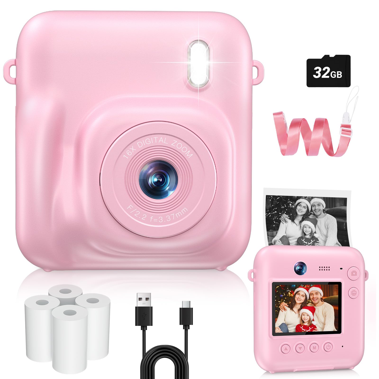 Câmera Digital Infantil Sevenat, Lente Dupla 48MP, Impressão Instantânea, FHD 1080p, Tela 2.4", Rosa
