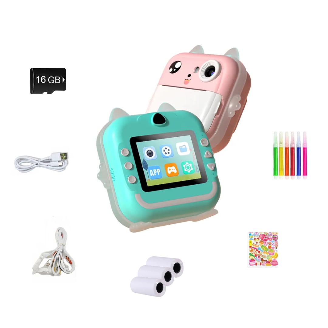 Câmera Digital Infantil com Impressão Instantânea COM CARTÃO DE MEMÓRIA 16GB, 20MP, Tela LCD 2,4", Rosa, Jogos Educativos e Molduras Divertidas