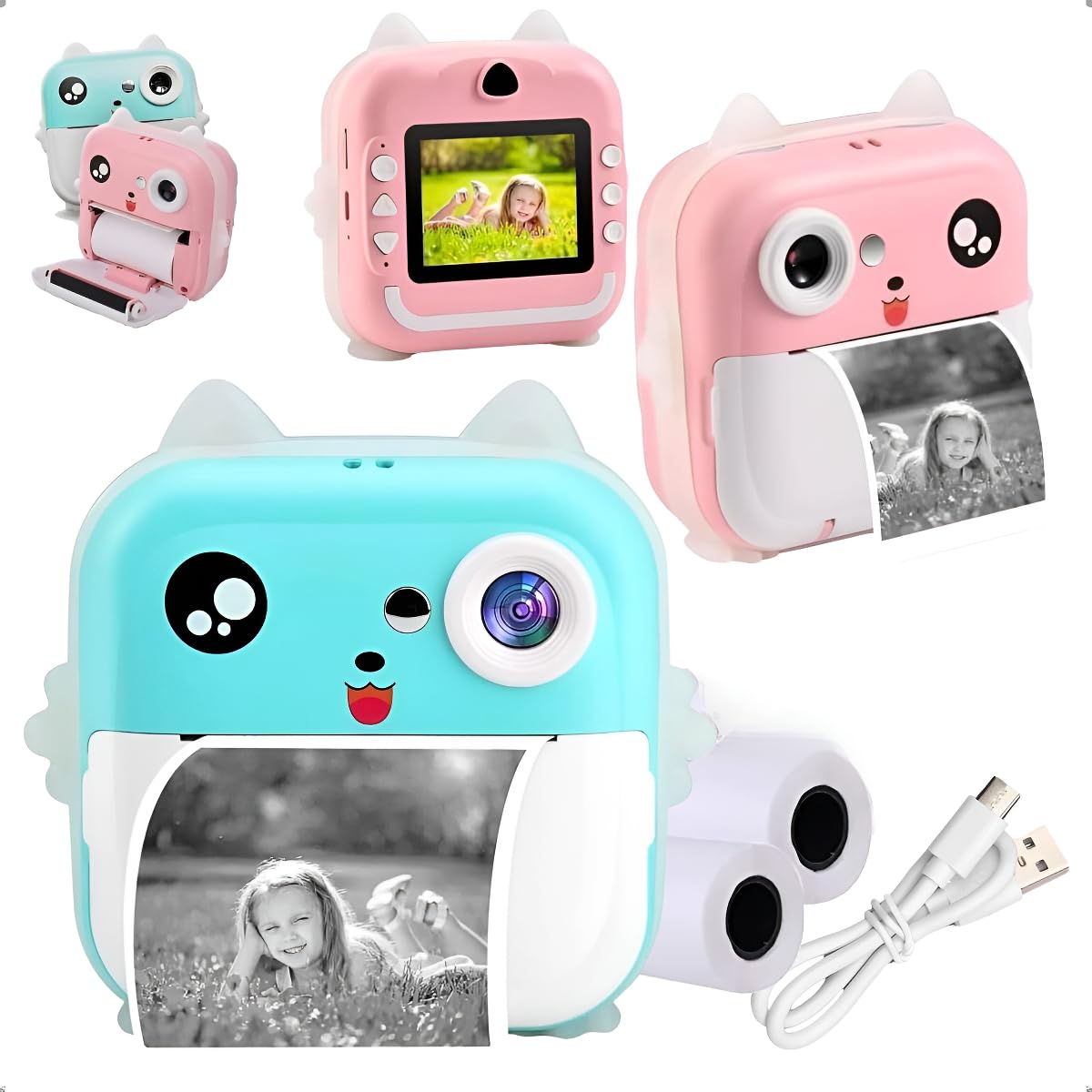 Câmera Digital Infantil Instantânea, LCD 2 Polegadas, Rosa e Azul, com Impressão Térmica, HD 1080P, Jogos Interativos, MP3, Reprodutor de Vídeo, para Crianças (azul)