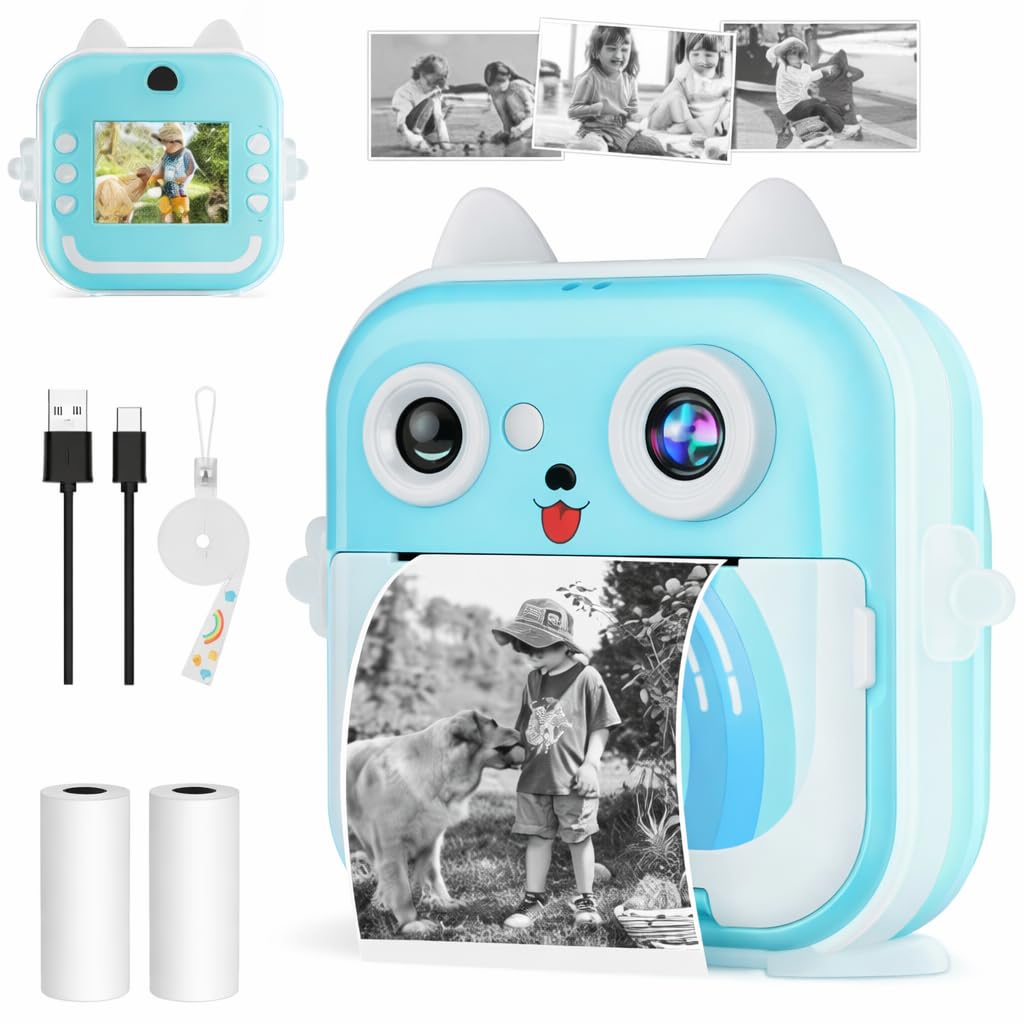 Câmera Fotográfica Infantil Instantânea Com Impressão Térmica 12MP Full HD Tela 2.0 Zoom 5X - Rosa (Azul)
