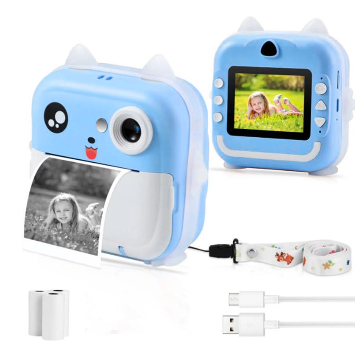 Câmera Infantil com Impressão Instantânea Câmera Digital Infantil com Tela Fotos e Vídeos Bateria Recarregável Acessórios Brinquedo Educativo para Crianças (Azul)