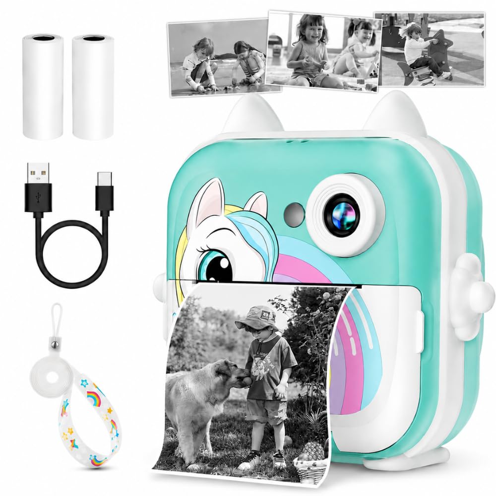 Câmera Fotográfica Infantil Instantânea com Impressão Térmica, 20MP, Vídeo HD 1080P, Tela 2,4", Time Lapse, Jogos, Filtros e Molduras Divertidas, Recarregável USB-C (Azul)