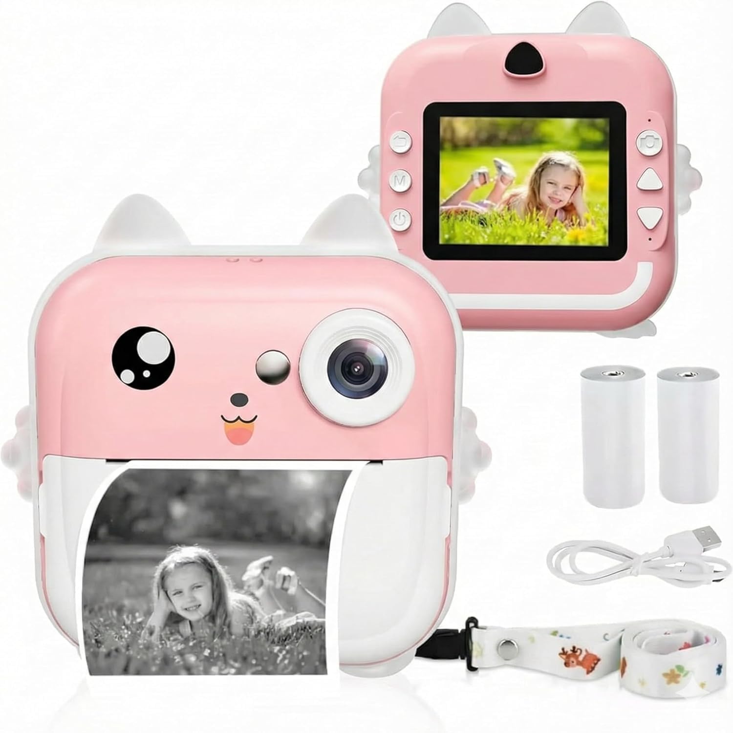 Câmera Fotográfica Infantil com Impressão Instantânea — Câmera Digital para Crianças 20MP 1080P, Imprime Foto sem Tinta, Tela 2.4", com Papel e Jogos, Rosa