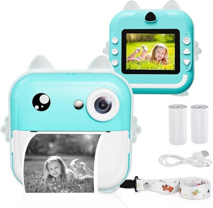 Câmera Fotográfica Infantil com Impressão Instantânea — Câmera Digital para Crianças 20MP 1080P, Imprime Foto sem Tinta, Tela 2.4", com Papel e Jogos, Verde
