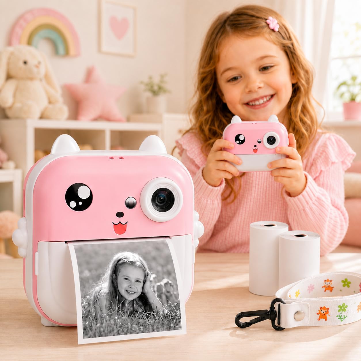 Câmera Digital Infantil Portátil 24MP Rosa | Impressão Instantânea Sem Tinta, Tela LCD Colorida, Vídeo HD, Molduras Divertidas e Função DIY, Recarregável USB