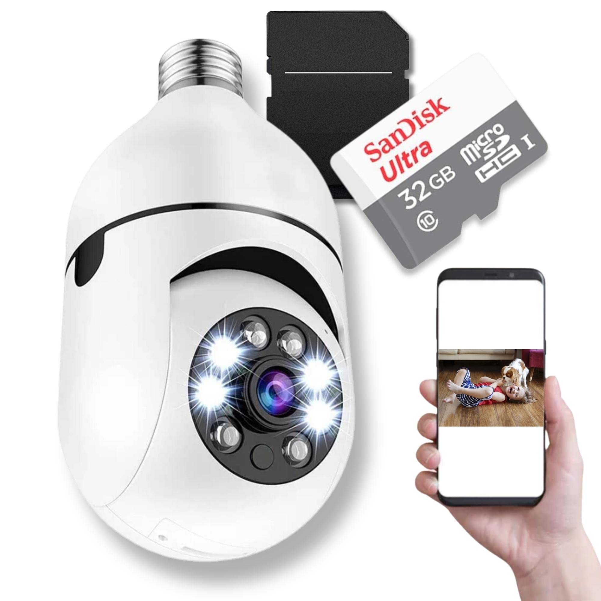 Câmera de Segurança Ip 360 Lâmpada Wifi Com Cartão de Memória 32gb, Infravermelho, Panorâmica, Giratória, 1080P, Visão Noturna, Pet, MicroSD