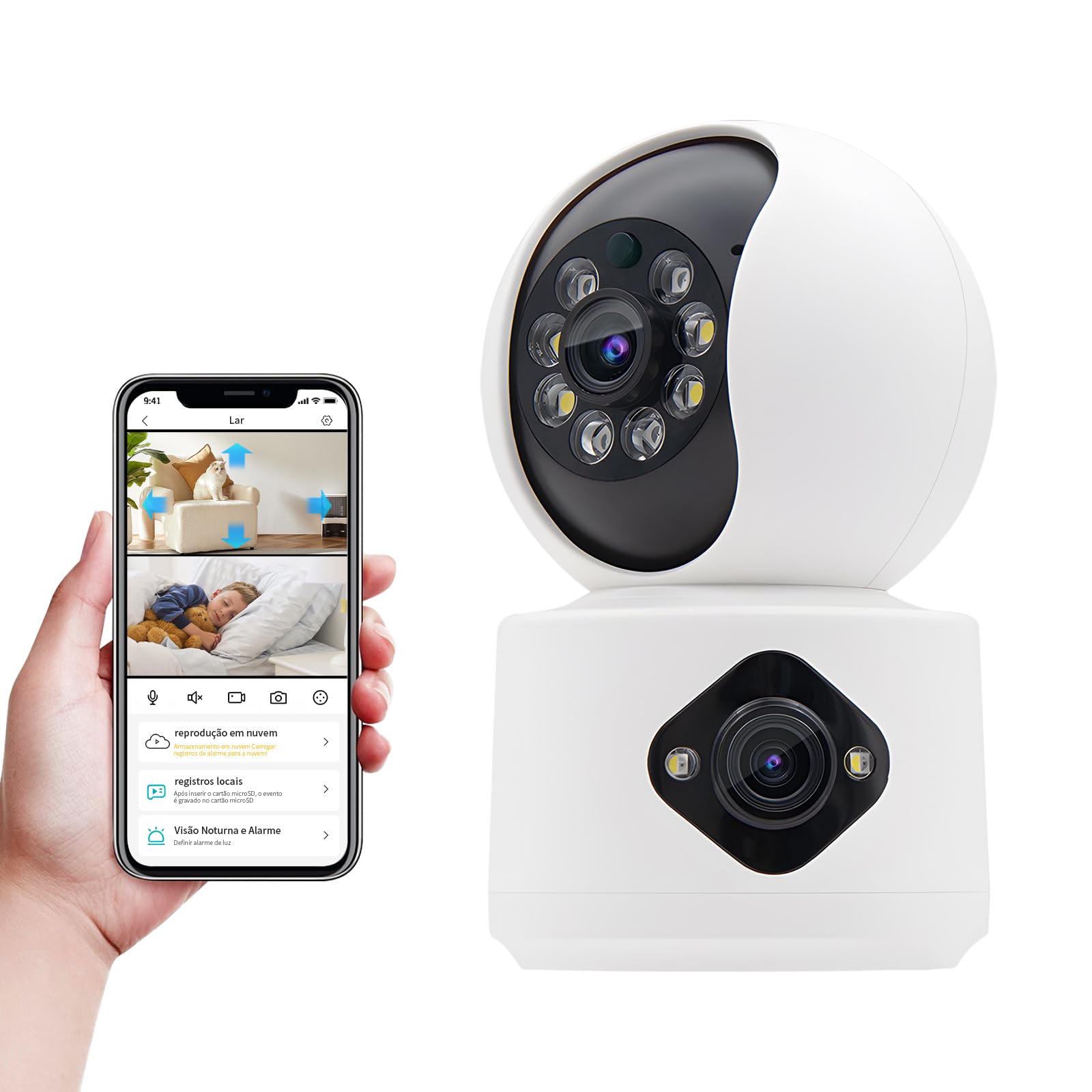 Câmera IP WiFi Interna 4MP com Lente Dupla, Visão Noturna, Áudio Bidirecional, Detecção de Pessoas e Pets, Rastreamento Inteligente, Gravação 24/7, Cartão SD até 128GB