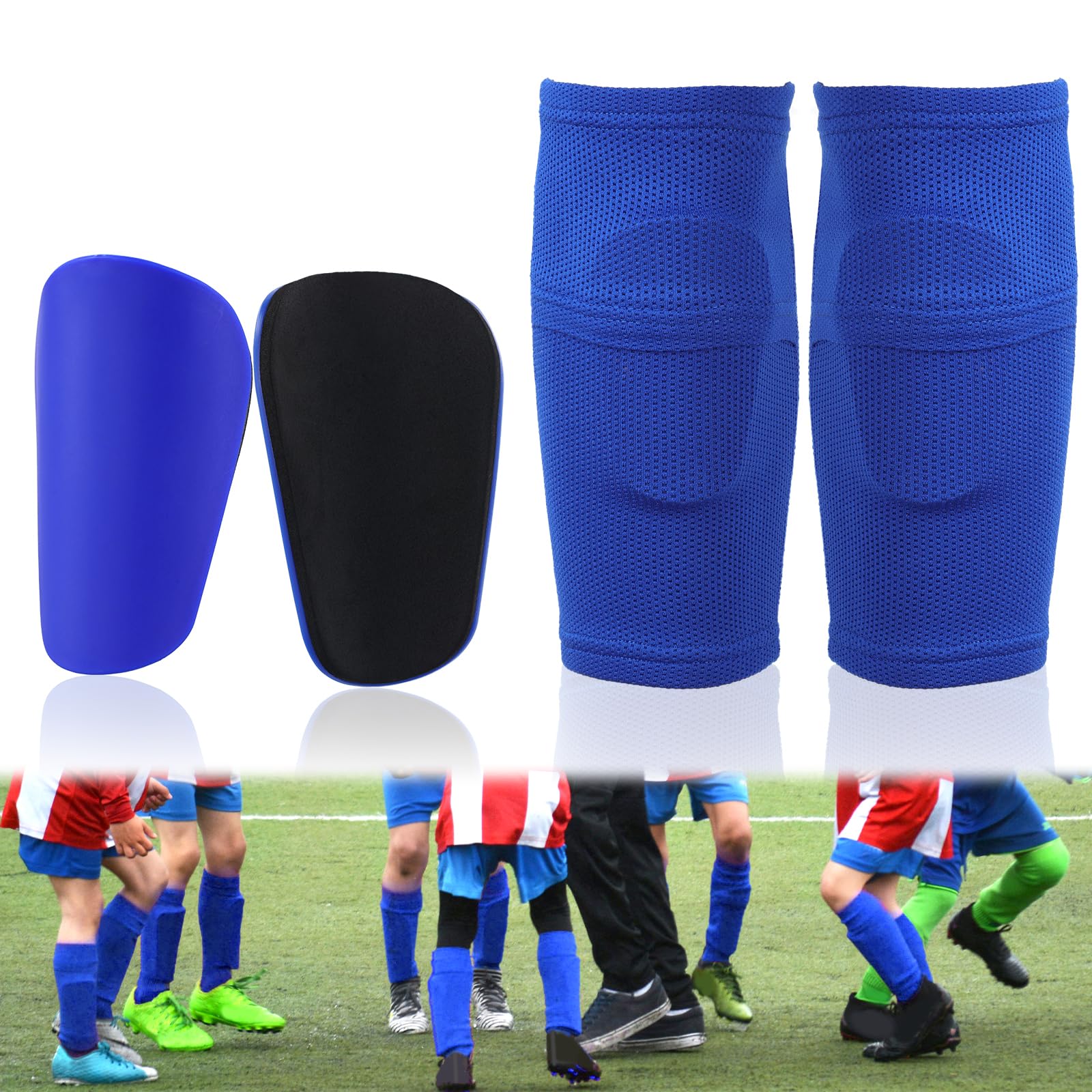 2 caneleiras de futebol e 2 peças de mangas de meia de futebol com bolsos deslizantes, mini caneleiras de proteção para crianças, adolescentes e adultos (azul)