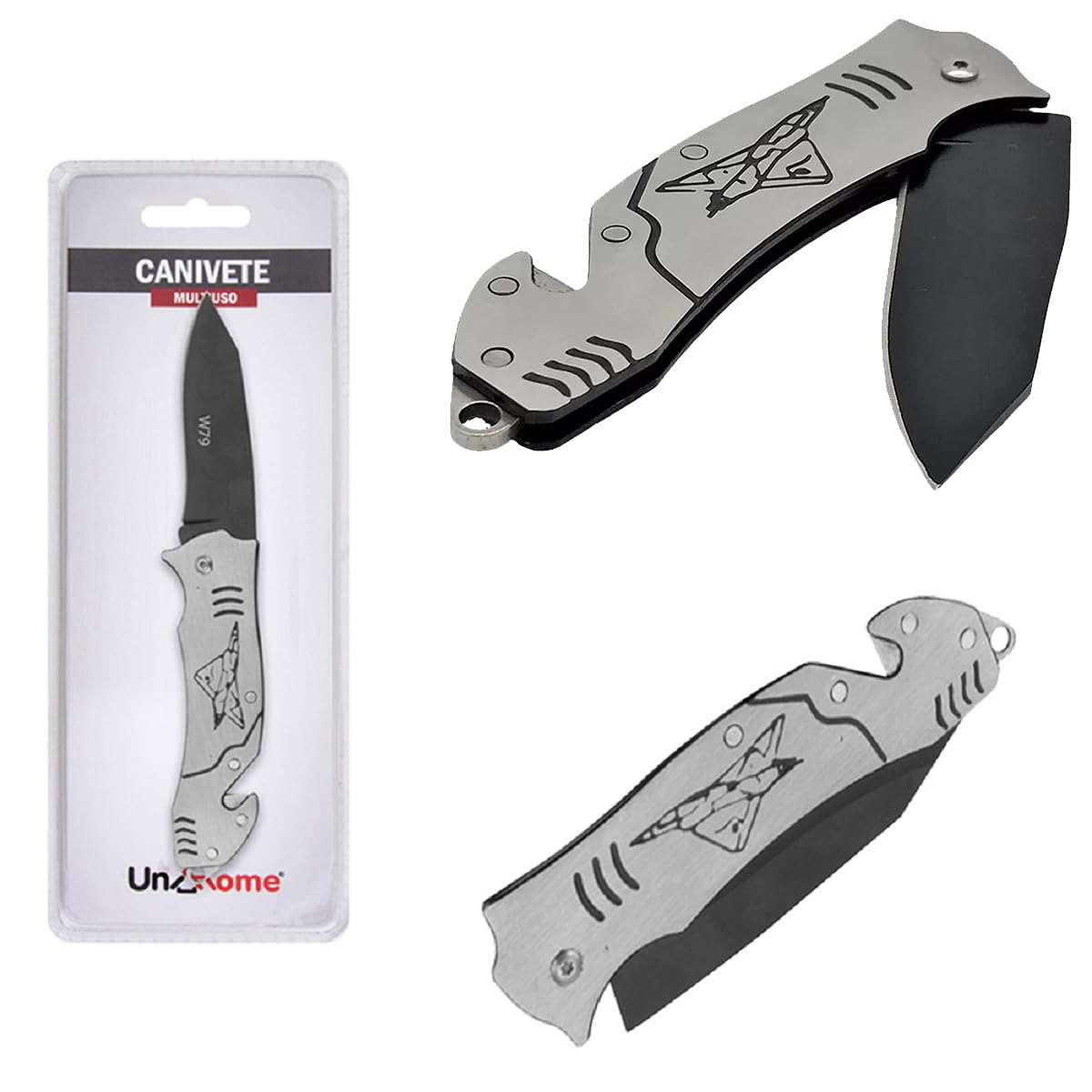 Canivete Multiuso Aço Inox Retrátil Dobrável Portátil 17cm - Cinza