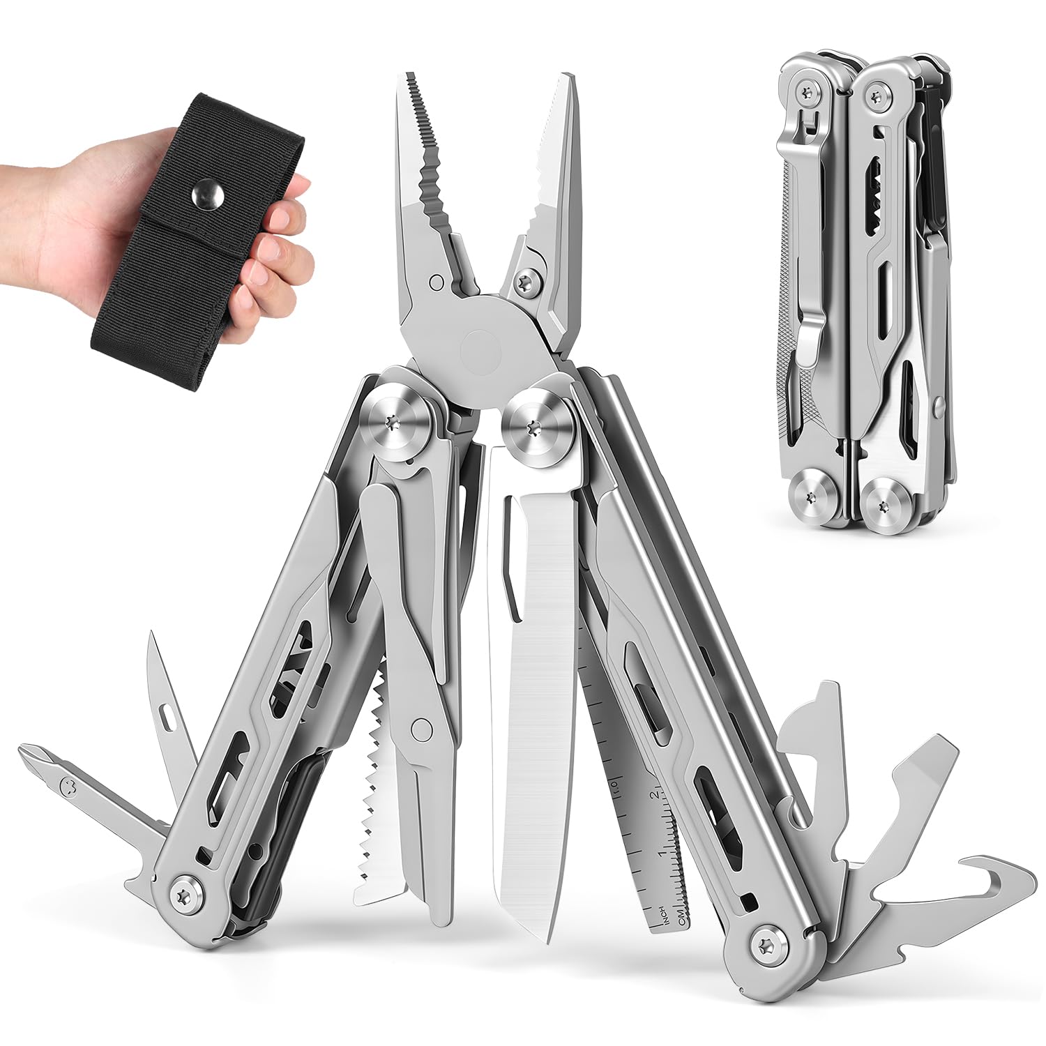 28 em 1 Alicate Multifuncional, Multiferramenta de Aço Inoxidável, Kit de Ferramentas de Acampamento Versátil, Ferramenta Profissional para Sobrevivência, Canivete Multiuso