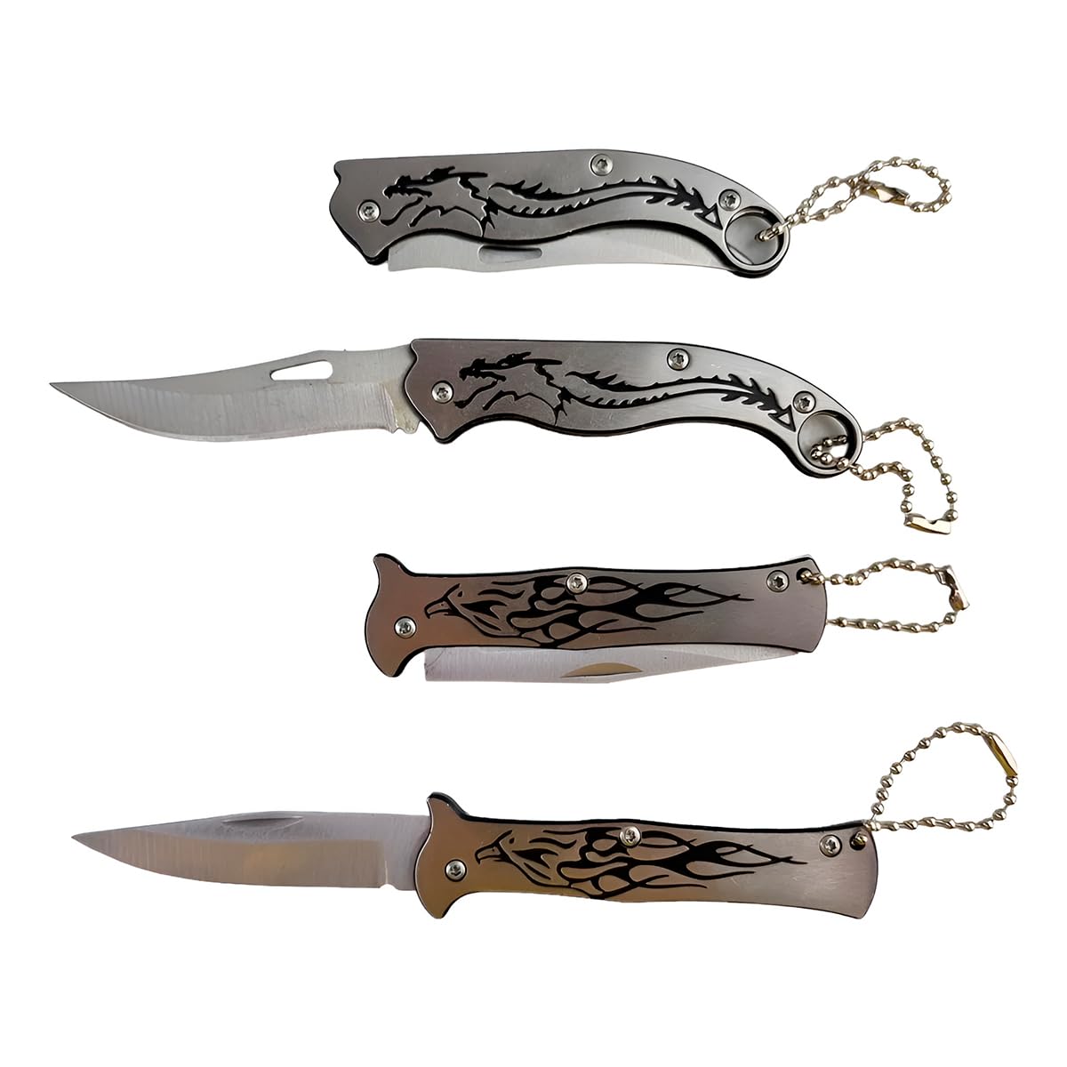 Kit 4 Canivetes em Aço Inox, Design Dragão, 15cm Comprimento, Corrente Inclusa, para Pesca e Camping, Lâmina 7cm, Cabo 8cm, Prateado