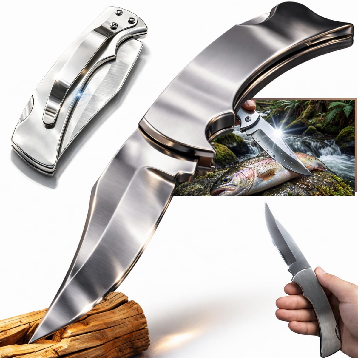 Canivete de bolso aço inox dobrável lâmina afiada compacto portátil EDC camping pesca trilha ferramenta multiuso resistente design ergonômico trava segurança