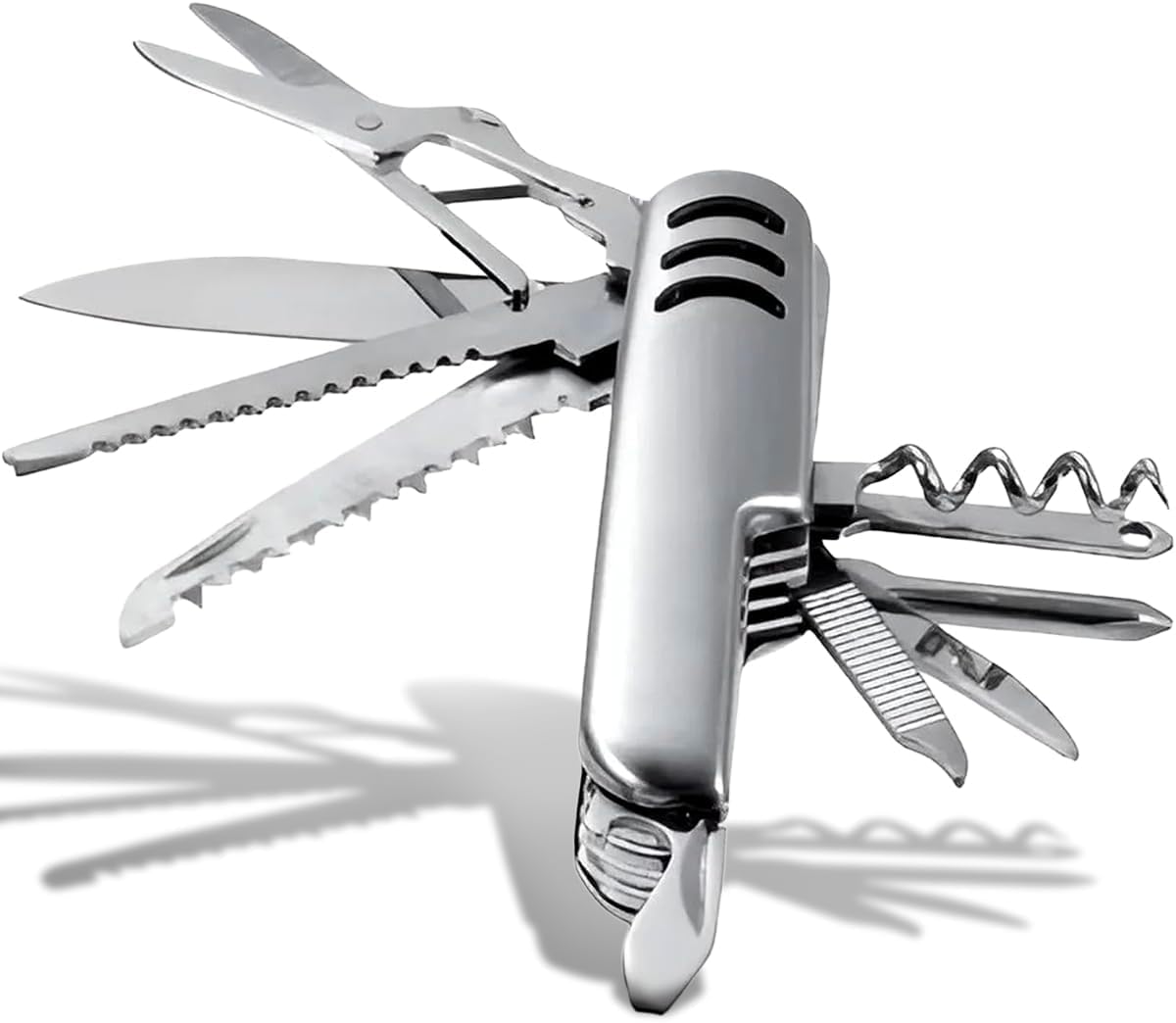 Canivete Suíço Multifuncional Inox 11 em 1 Dobrável Portátil Camping Pesca Sobrevivência Militar Trilhas Caça Viagem Aventura Serra Tesoura Abridor Chave Phillips Saca Rolhas Compacto Resistente