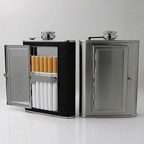 170 g/180 ml Cantil de quadril embrulhado em couro preto com caixa de cigarro e funil embutidos