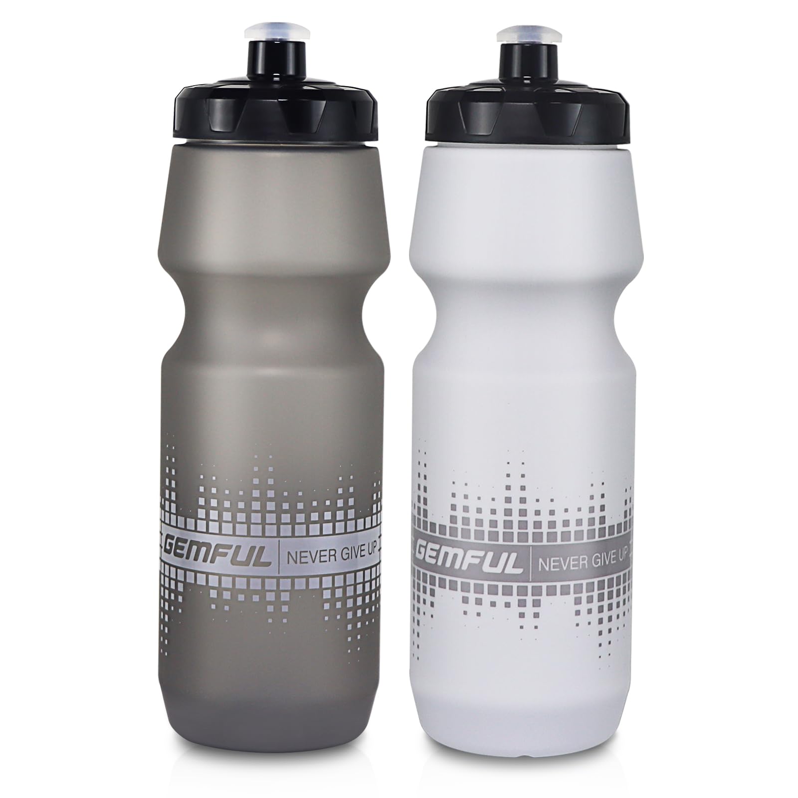 GEMFUL Pacote com 2 garrafas de água MTB de 680.4 g Squeeze para mountain bike, trilha, equitação sem BPA, 750 ml (cinza + branco)