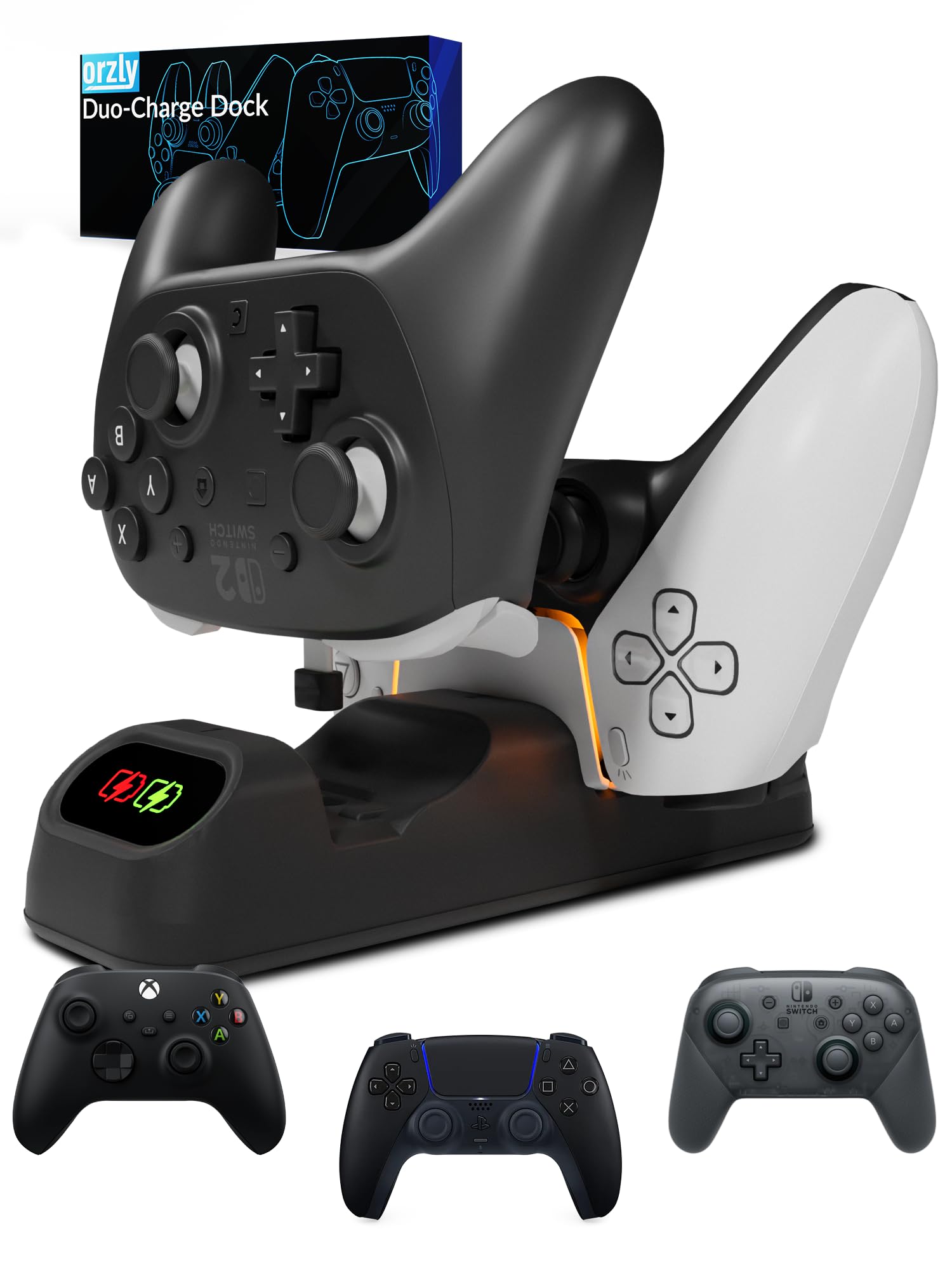 Base de carregamento de controle para PlayStation 5 DualSense, Nintendo Switch Pro e Switch 2, Xbox Series X|S, Amazon Luna Google Stadia Dual USB-C Charger Orzly Design – Ótimo presente para