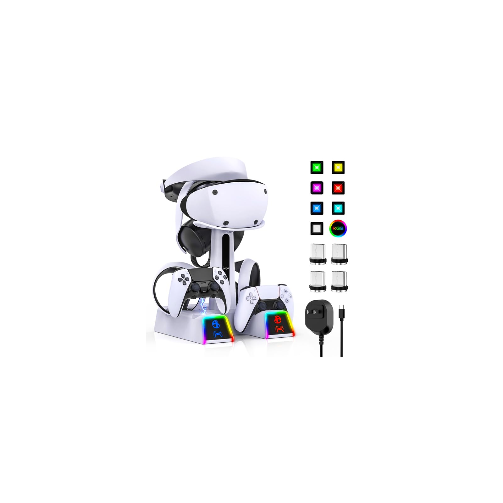 Estação de carregamento RGB para PS VR2/PS5/PS5 Edge Controller com adaptador CA e adaptador de plugue, suporte vertical para fone de ouvido PlayStation VR2 e controles Dualsense + base de