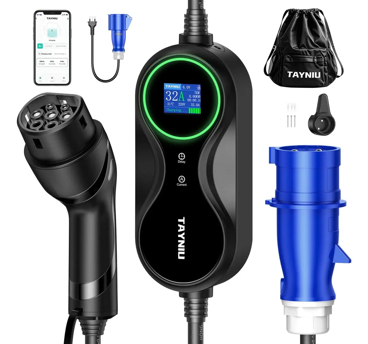 Carregador Portátil para Carro Elétrico 7kW TAYNIU com Adaptador 20A Incluso, Bivolt, Tipo 2, Controle por App Smart Life, Cabo 5m, Compatível com BYD, Geely, BMW, Volvo Infinity