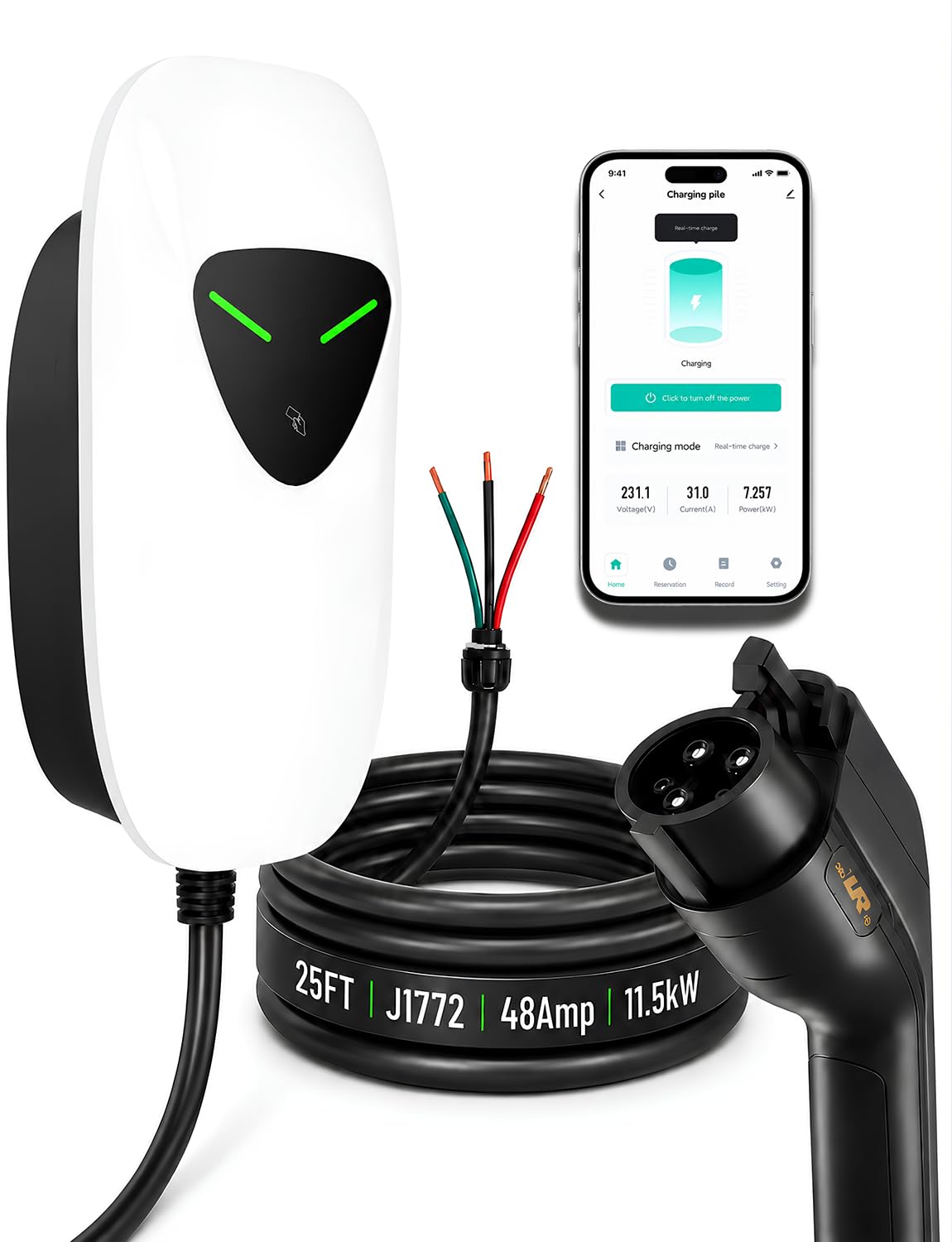 Carregador de nível 2 EV 48 Amp com fio, estações de carregamento rápido de 11,5 kW com cabo de 7,6 m, controle inteligente WiFi e RFID, J1772 240 V carregadores elétricos de parede para carro, para