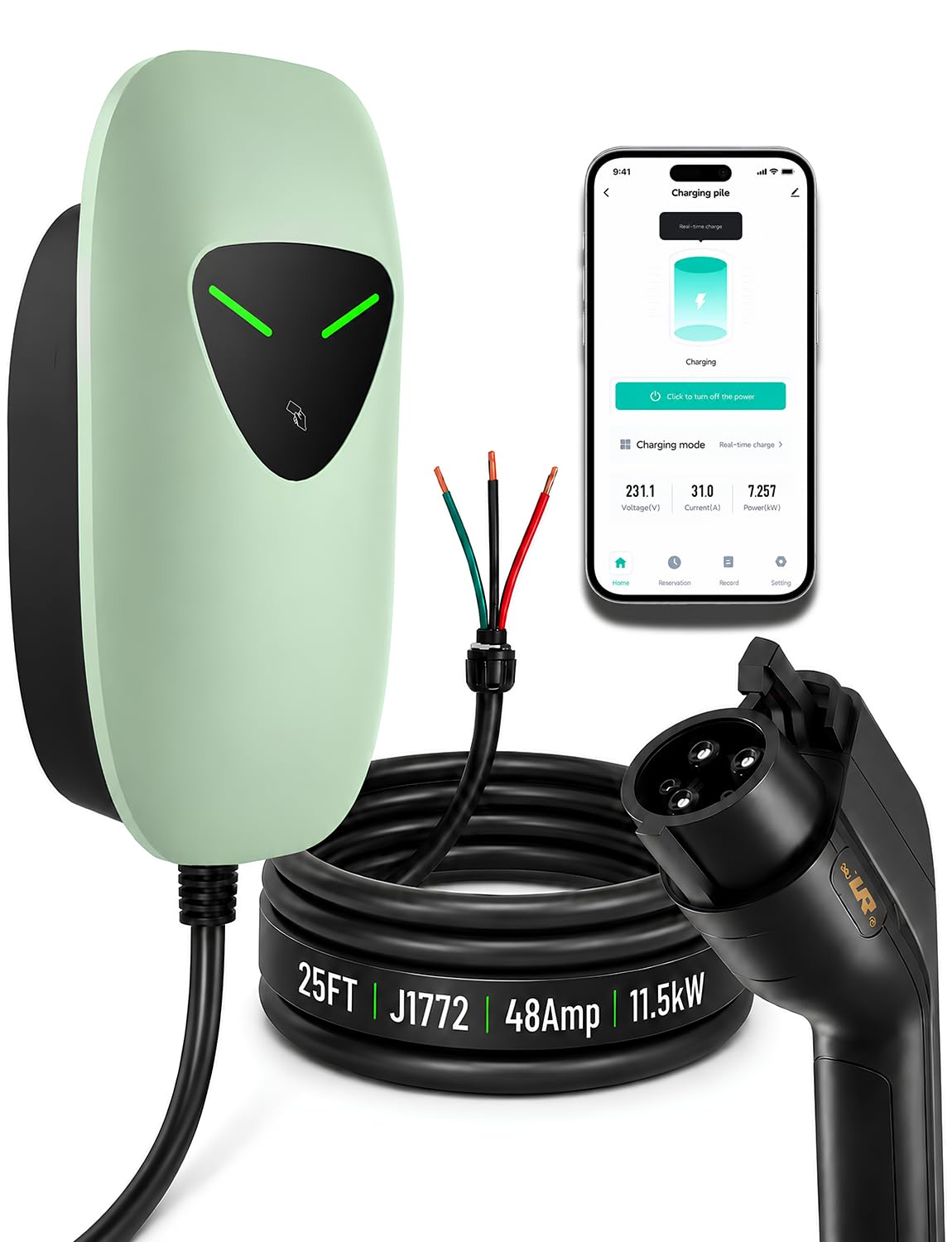 Carregador EV Nível 2 48 Amp com fio, estações de carregamento rápido de 11,5 kW com cabo de 7,6 m, controle inteligente WiFi e RFID, J1772 240 V carregadores elétricos de parede para carro, para casa