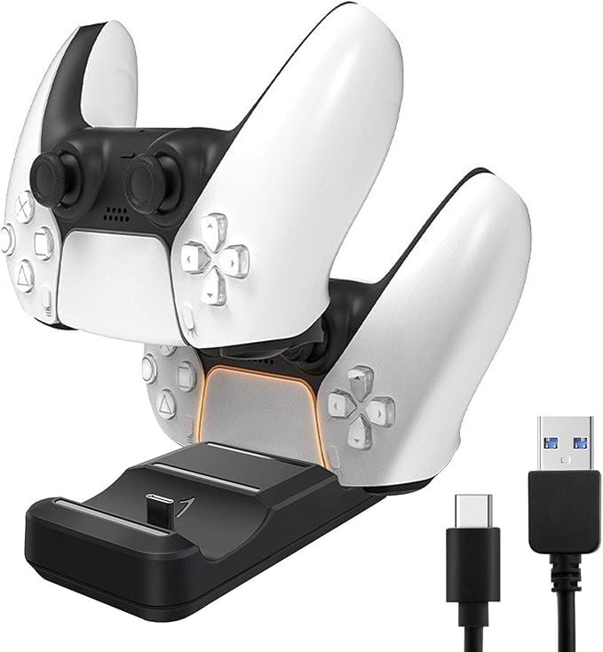 Base de Carregamento Dupla para Controles PS5 DualSense com LED, Carregador USB-C Seguro e Design Gamer