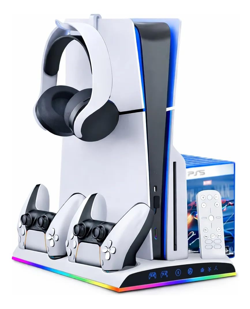 Base Cooler para PS5 Slim e PS5 Fat – Cooler com 2 Ventoinhas, Carregador Duplo para Controles DualSense, Iluminação RGB, Suporte para Headset e 3 Portas USB (Branco)