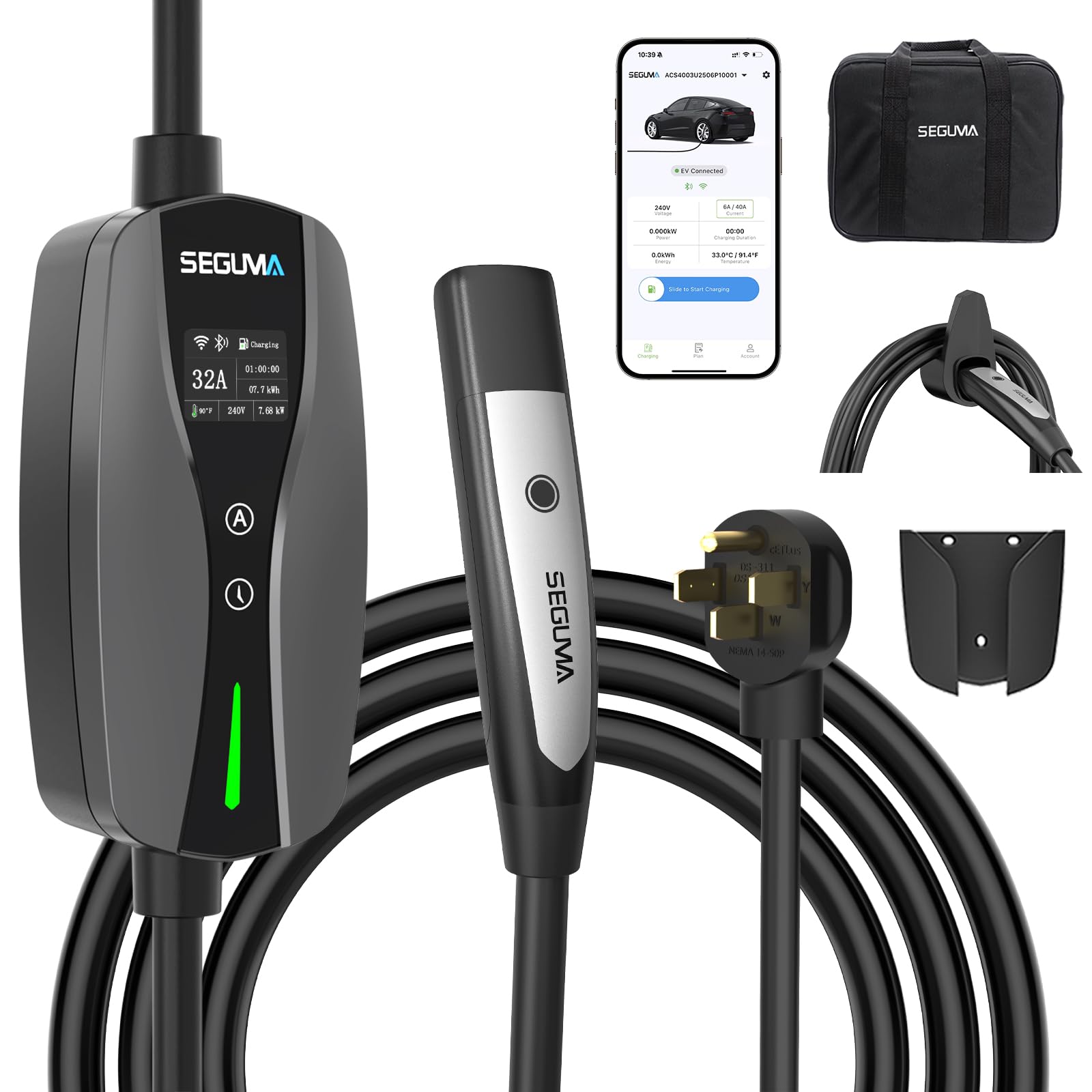 Carregador de nível 2 EV para Tesla, carregadores NACS EV de 32 Amp com controle Wi-Fi/aplicativo, certificado ETL, NEMA 14-50, corrente ajustável, atraso de temporização, carregador elétrico portátil