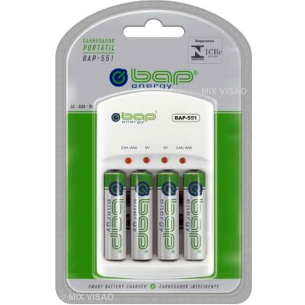 Bap Energy Carregador de pilhas e baterias (AA/AAA/9v) Com 4 Pilhas AA 2700 mah -551 -, Pequeno