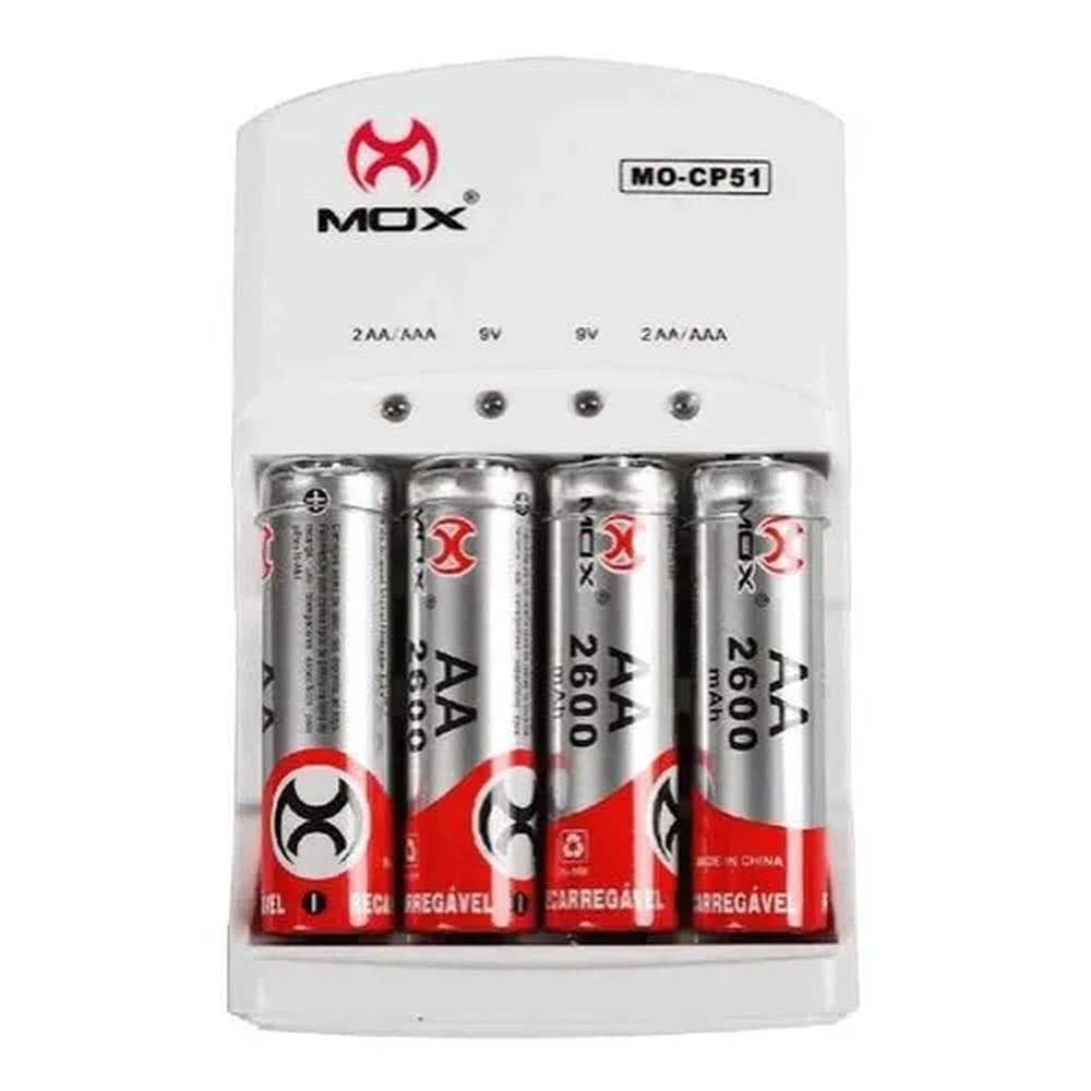 Carregador de Pilhas e Baterias com 4 Pilhas Aa 2600 Mah Mox Cp51