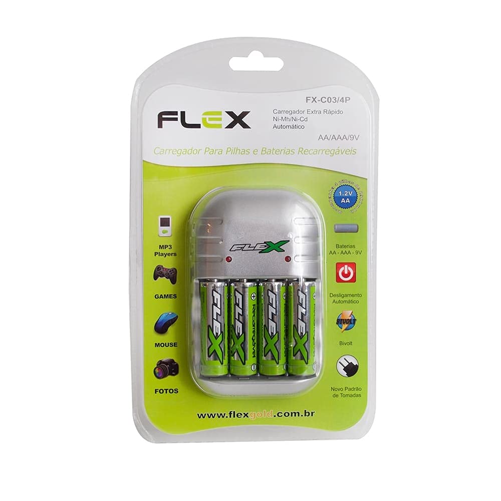 Carregador De Pilhas, Flex, Bivolt, Para 4 Pilhas, 2900 mAh