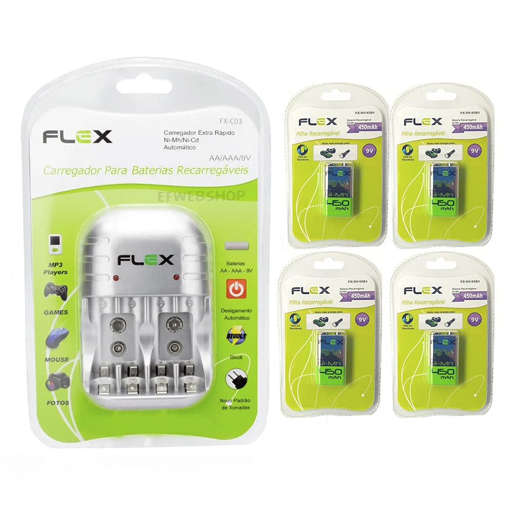 Avaliação Tipo de conexão Carregador de Pilhas Flex C03 Com 4 Baterias 9v 450 mah Recarregável FX-9V/450