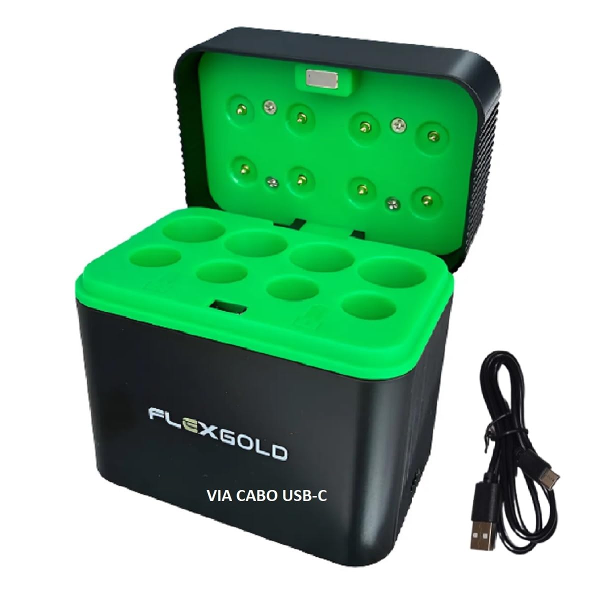 Carregador de Pilhas AA AAA Flexgold Tipo Caixa para Pilhas Recarregáveis com 8 Slots via Cabo USB-C FX-C23