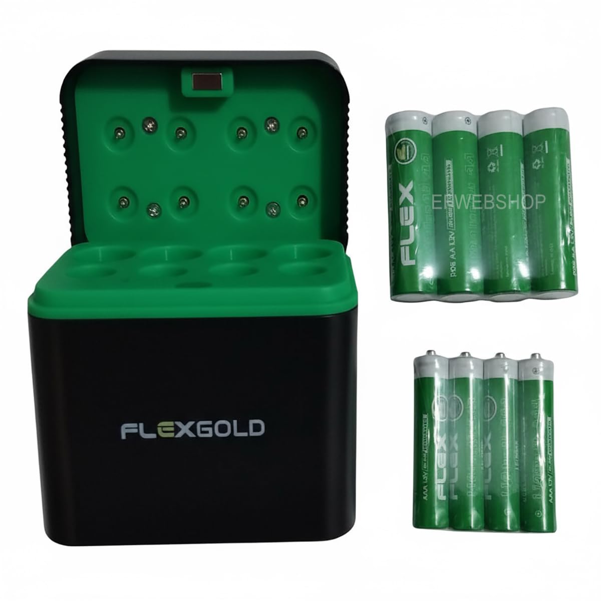 Carregador de Pilhas AA AAA Flexgold Tipo Caixa para Pilhas Recarregáveis com 8 Slots via Cabo USB-C + 4 Pilhas AA 2900 e 4 Pilhas AAA 1100 FX-C22