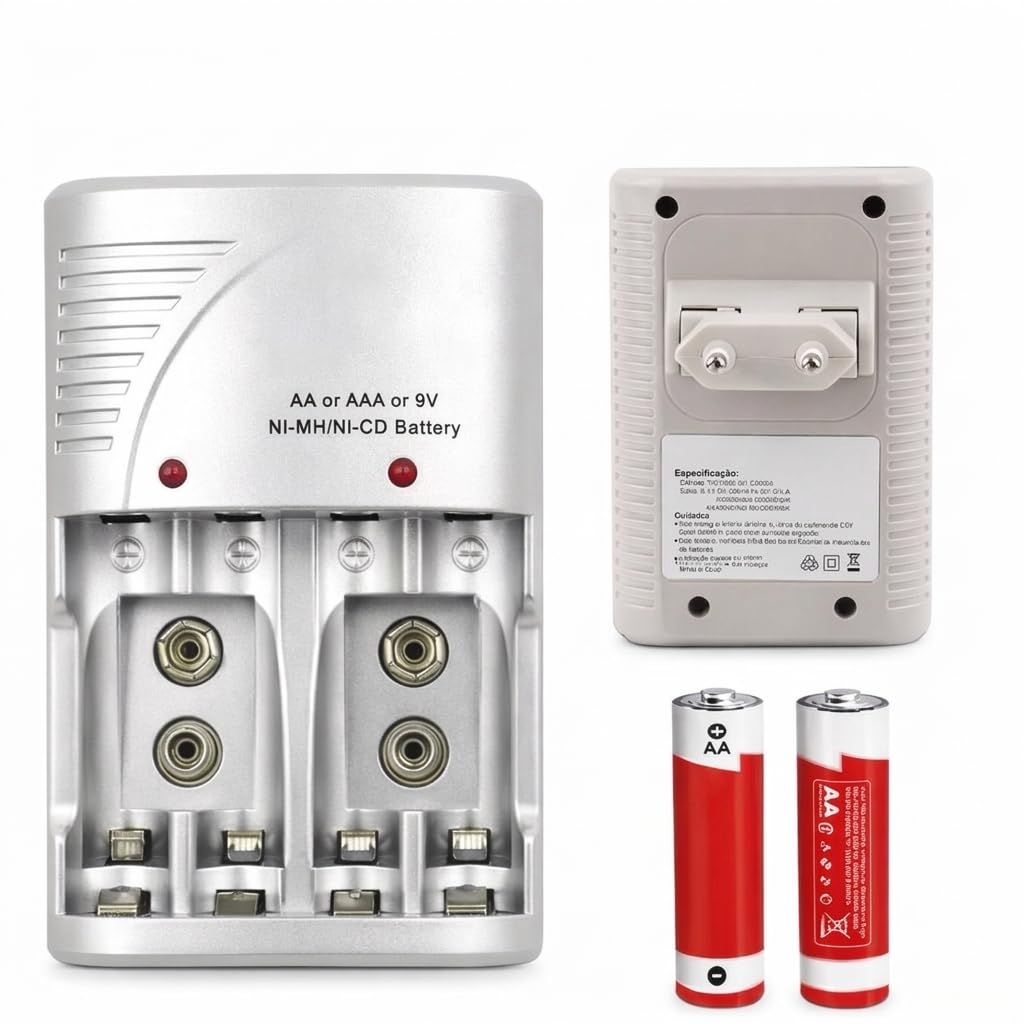 Carregador de Pilhas Bivolt com LED + 02 Pilhas AA, AAA, 9A Recarregável