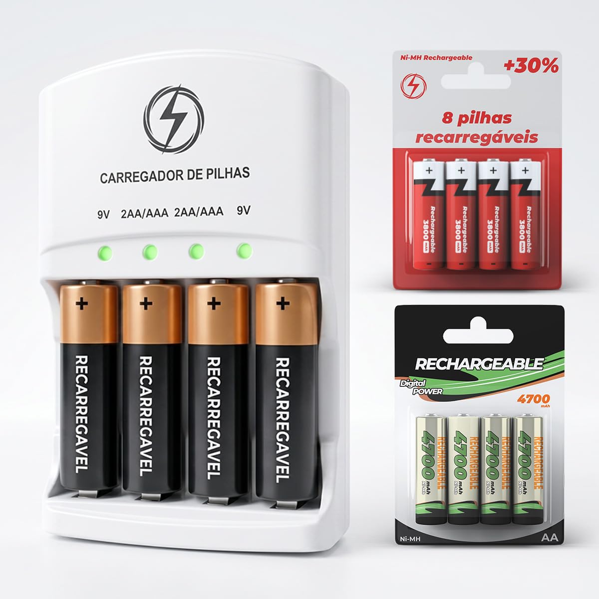 YUNIV Carregador de Pilhas Recarregáveis Aa/aaa Bivolt - Kit Carregador com 8 Pilhas, 4AA e 4AAA Palito