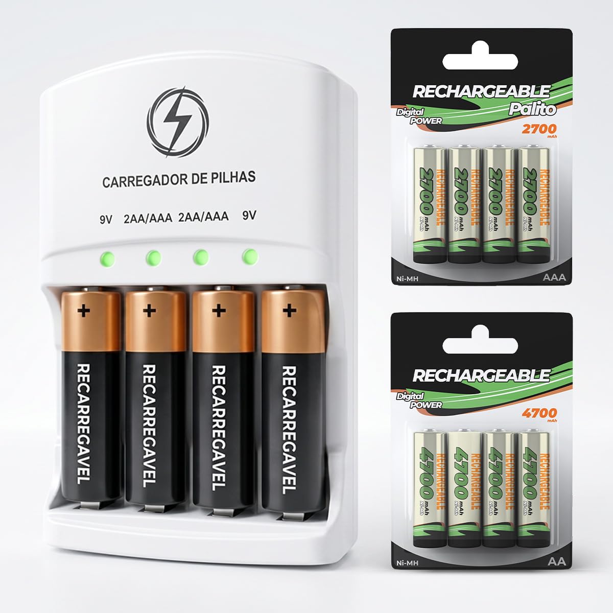 YUNIV Carregador de Pilhas Recarregáveis Aa/aaa Bivolt - Kit Carregador + 8 Pilhas AA