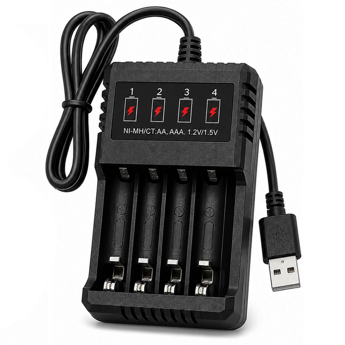 Carregador de Pilhas AA/AAA Recarregável 4 Slots, Rápido, Ni-MH, USB, Bivolt