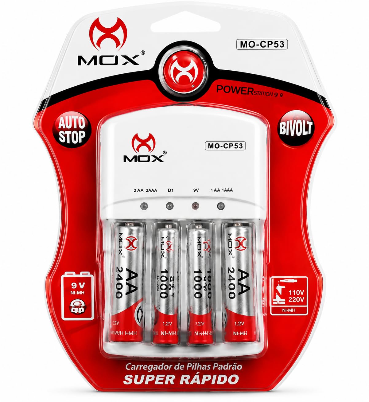 Carregador de Pilhas Recarregáveis MOX MO-CP53 Bivolt AA AAA com 4 Pilhas Ni-MH Auto Stop 2600mAh