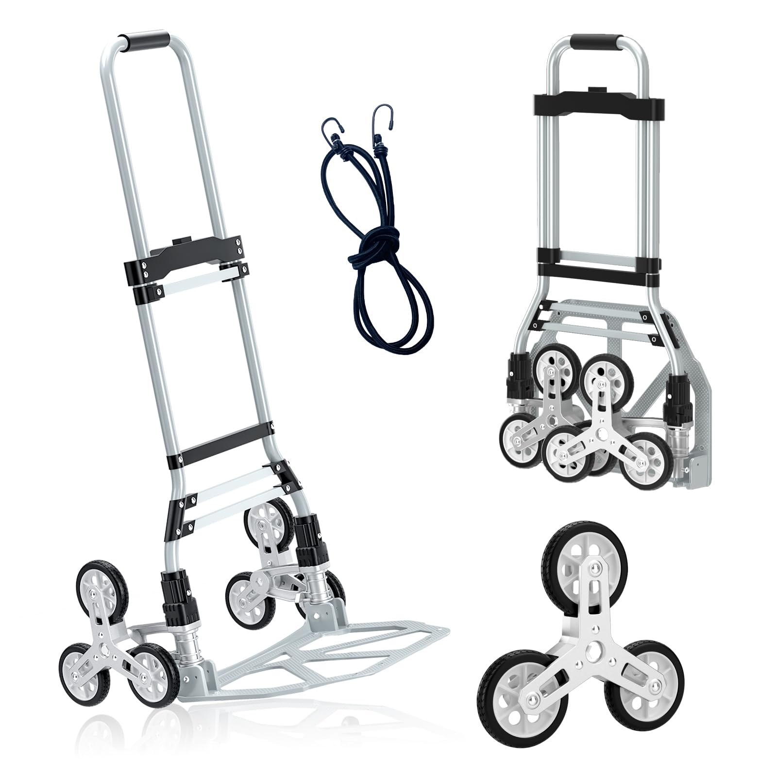 Carrinho de mão para escalada de escadas, carrinho de carrinho de carrinho de carrinho de carrinho de passeio com comprimento ajustável para escadas, chão plano, capacidade de carga de 118 kg, carrinho de compras dobrável com rodas silenciosas