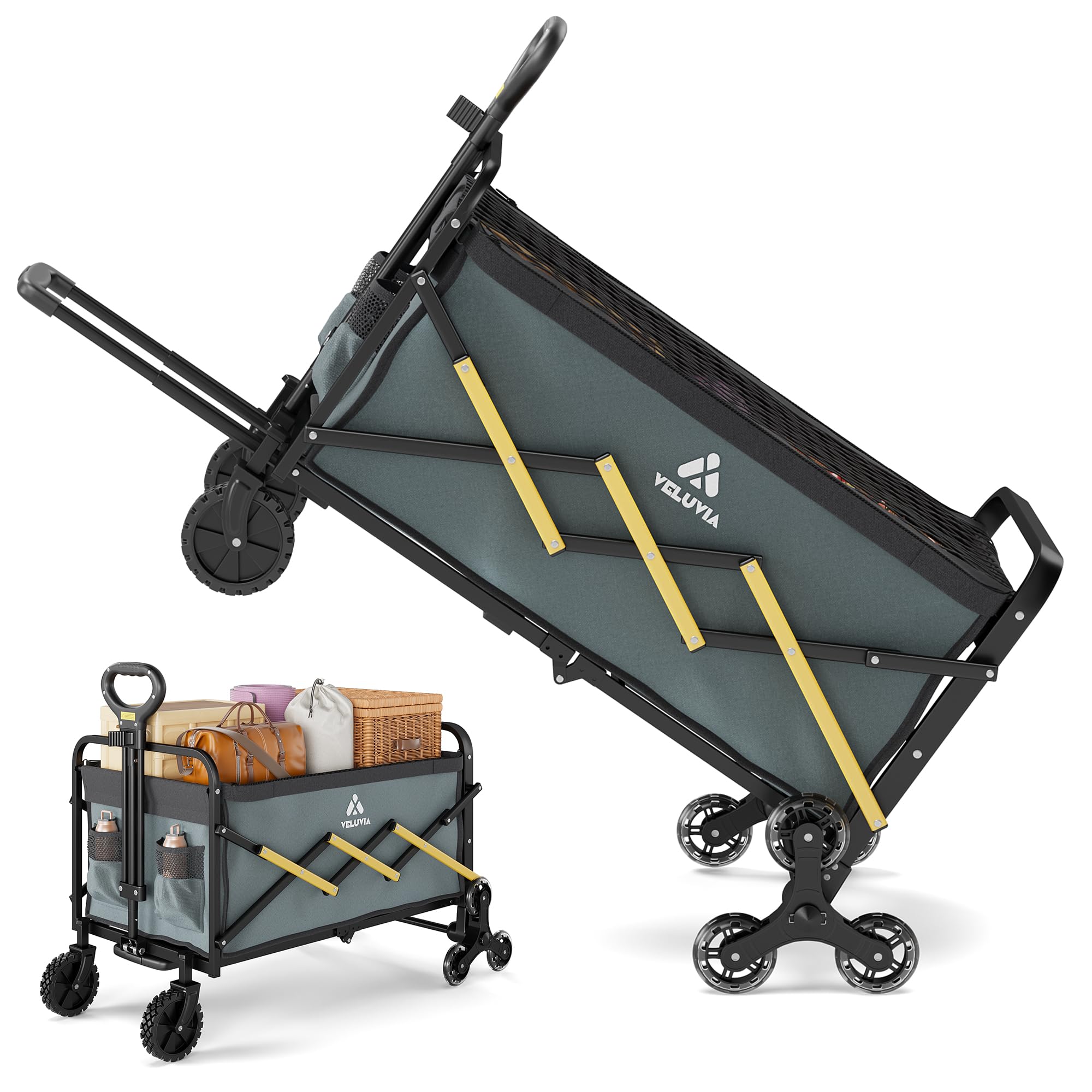 Carrinho utilitário dobrável com rodas triangulares – Vagão de escalada dobrável 2 em 1, carrinho de mão leve de 75L/158 kg com alça telescópica para compras, lavanderia, viagem, mudança, escritório