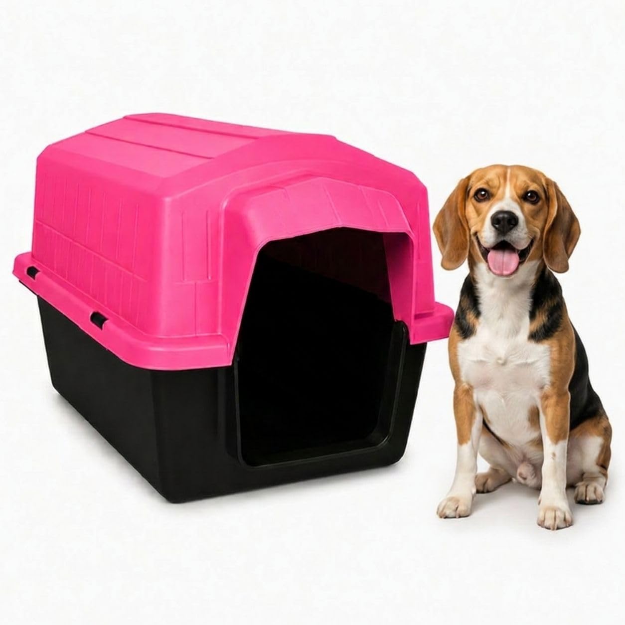 Casinha Pet 2 em 1 Grande N5 Caminha Proteção UV | Uso Externo Sol Chuva | Cães Médios até 22kg Labrador Bulldog Beagle | Plástico Rígido Atóxico Resistente | Limpeza Fácil (Rosa)