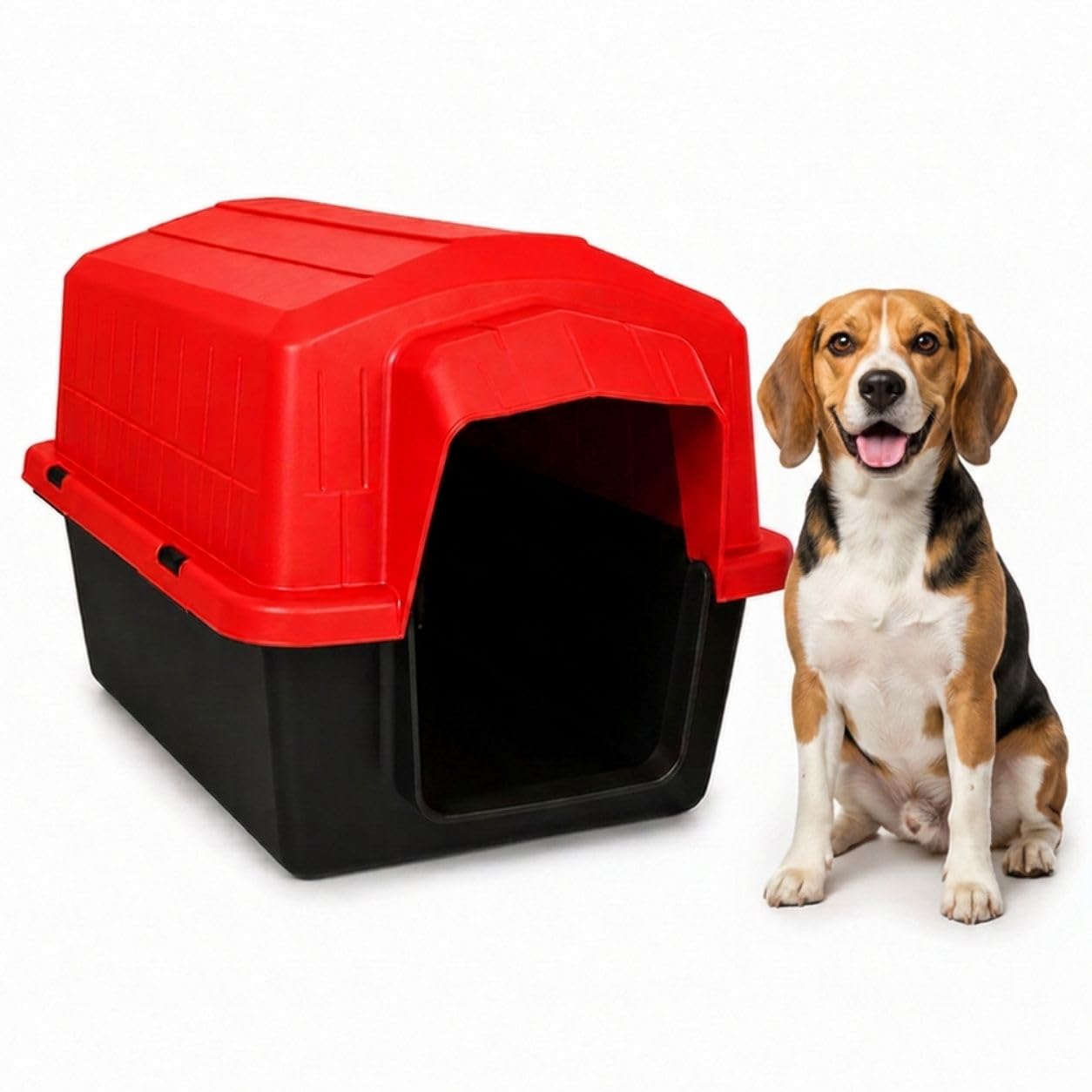 Casinha Pet 2 em 1 Grande N5 Caminha Proteção UV | Uso Externo Sol Chuva | Cães Médios até 22kg Labrador Bulldog Beagle | Plástico Rígido Atóxico Resistente | Limpeza Fácil (Vermelho)