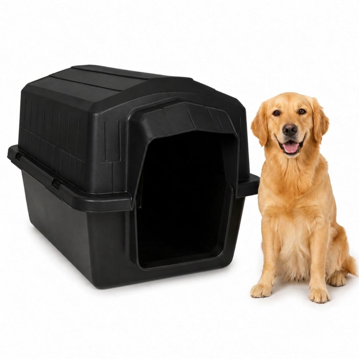 Casinha Pet 2 em 1 N6 Gigante Caminha| Uso Externo Sol Chuva | Cães Grandes Acima 25kg Labrador Golden Pastor Alemão 83x76cm | Plástico Rígido Atóxico Resistente Limpeza Fácil TáNaTela (Preto)
