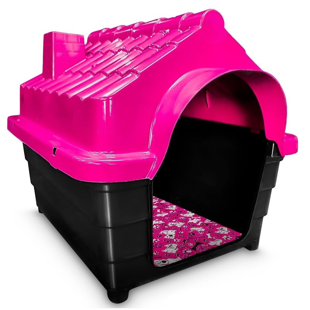 Casinha de Cachorro Nº7 Grande em Plástico com Colchão Casa Pet Resistente Impermeável para Cães até 30kg(Rosa,Com Colchão)
